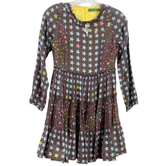 Oilily Star Patterned Long Sleeve Brown/Blue Long Sleeve Tiered Ruffle Dress - Picture 1 of 10